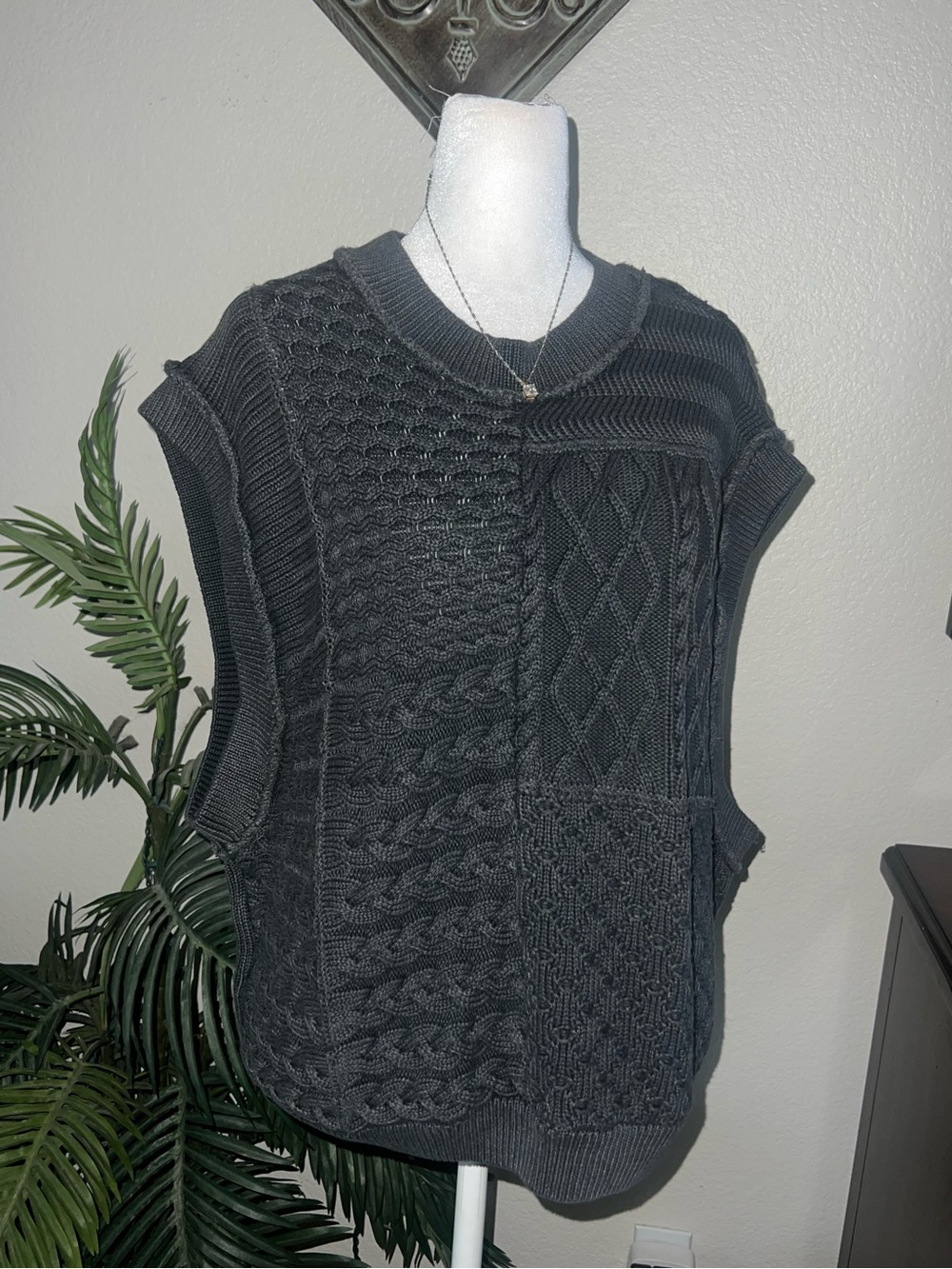 Free People Charcoal Cable-Knit Sweater Vest